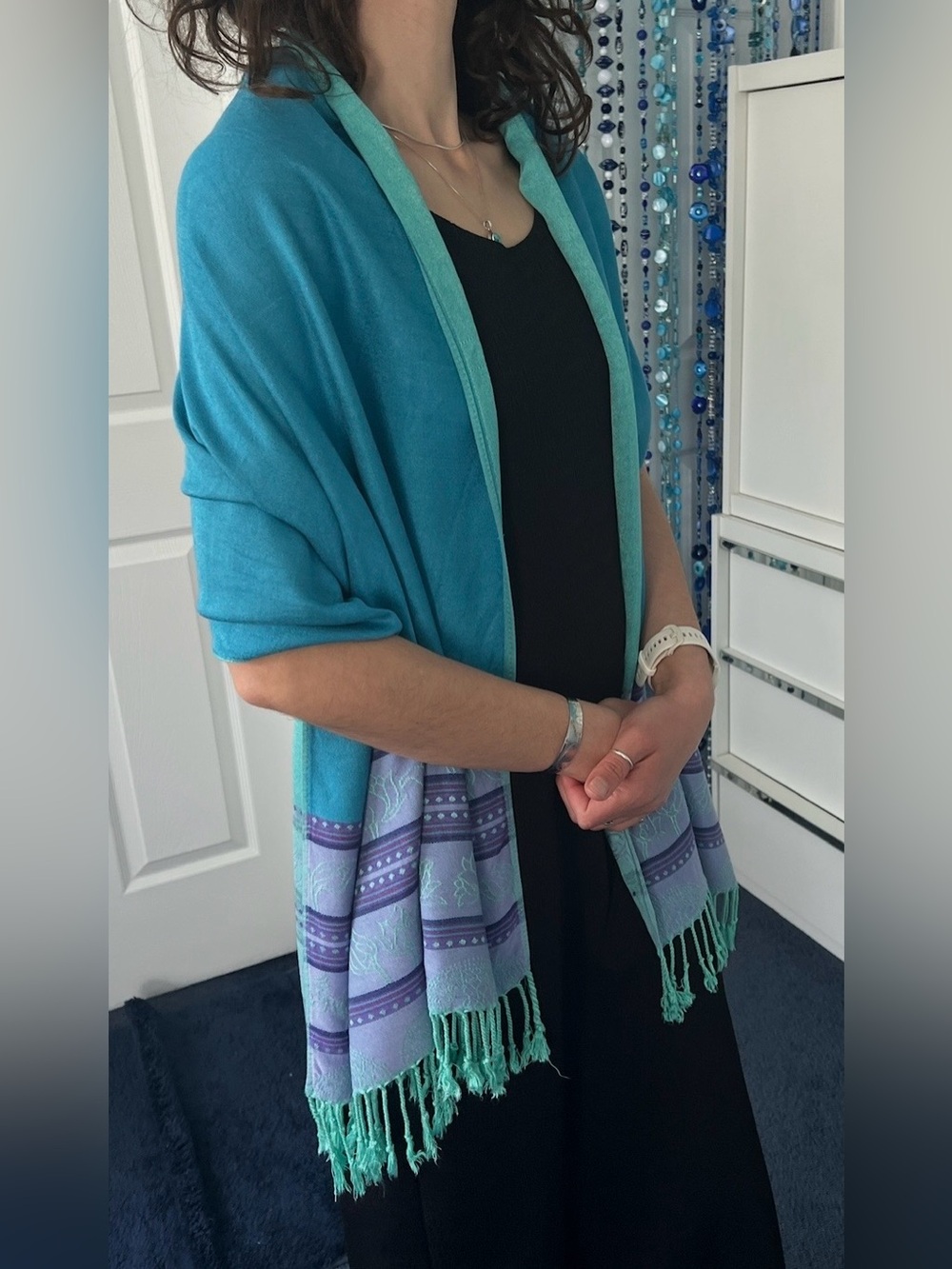 Tibetan Lotus & Mantra Soft Wrap Scarf• Aqua Turquoise Purple Blue • Reversible